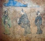 Laozi (Lao Tzu, c. 6th century BCE, left), meeting with Confucius (Kong Zi, K'ung-tzu, K'ung-fu-tzu, 551– 479 BCE) in a Han Dynasty (206 BCE– 220 CE) fresco from Dongping County, Shandong Province. The fresco, painted with blue, green, black and red colours is found on the walls of a tomb at an old residential yard in Dongping county, southwestern Shandong, and is estimated to be about 2,000 years old.