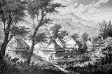 This sketch by Louis Delaporte is one of dozens he drew during his two-year venture (1866-68) with the Mekong Exploration Commission sponsored by the French Ministry of the Navy, the intention of which was to lay the groundwork for the expansion of French colonies in Indochina. Traveling the Mekong by boat, the small French delegation voyaged from Saigon to Phnom Penh to Luang Prabang, then farther north into the uncharted waters of Upper Laos and China's Yunnan province, before returning to Hanoi in 1868 by foot, accompanied by porters and elephants.