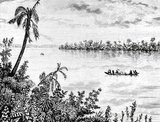 This drawing by Louis Delaporte is one of dozens he produced during his two-year venture (1866-68) with the Mekong Exploration Commission, which was sponsored by the French Ministry of the Navy. The intention of the expedition was to lay the groundwork for the expansion of French colonies in Indochina. Traveling the Mekong by boat, the small French delegation voyaged from Saigon to Phnom Penh to Luang Prabang, then farther north into the uncharted waters of Upper Laos and China's Yunnan province, before returning to Hanoi in 1868 by foot, accompanied by porters and elephants.