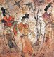 China: Qianling Tombs, Shaanxi; Court ladies walking in the palace gardens while a bird flies by. Tang Dynasty mural from the tomb of Gaozong's 6th son, Li Xian.